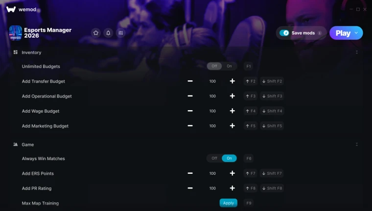 Esports Manager 2026: Трейнер +15 от WeMod — Редактор игрока, инвентаря и ресурсов